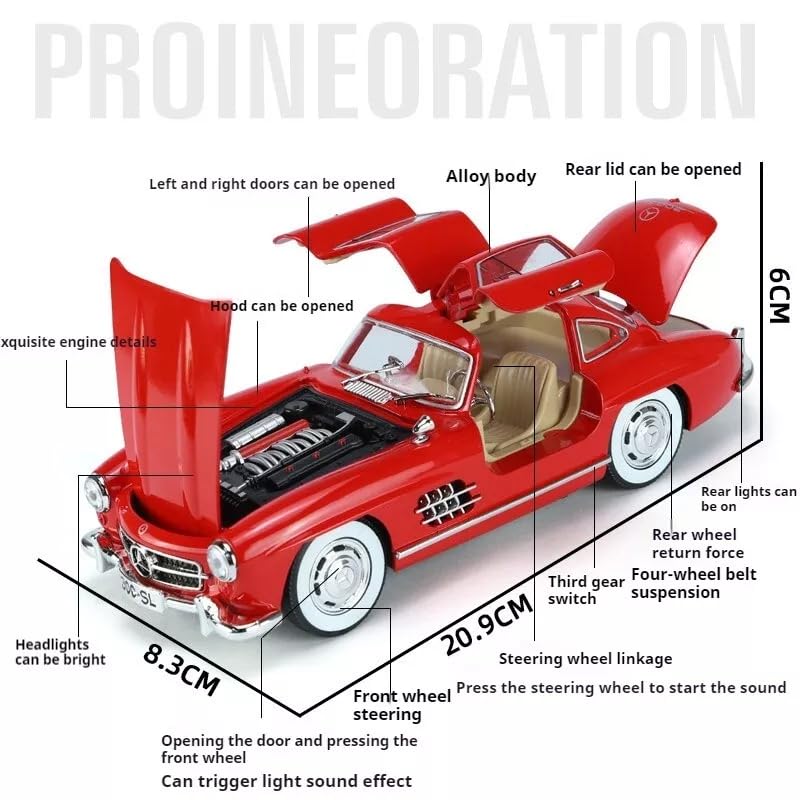 1:24 Scale 1955 Mercedes-Benz 300sl Vintage Model Toy Car with Sound and Light Function, Children's Toy Model Car with Pullback Function, Collector's Quality (1:24 Red)