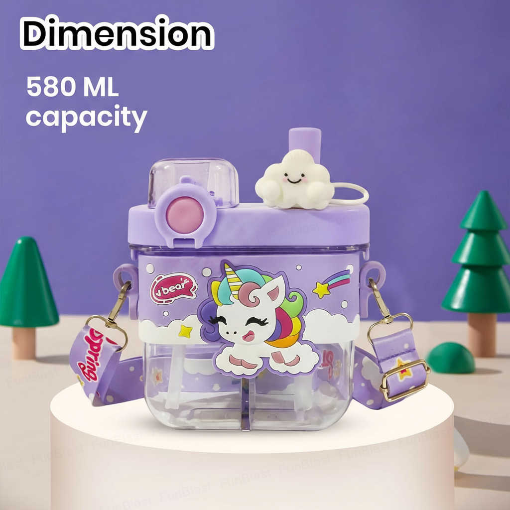 Unicorn Water Bottle for Kids – 580 ML Cute Leak-Proof Dual Compartment Straw Bottle with Strap, BPA-Free Sipper Bottle, Portable School Water Bottle for Girls (Unicorn)