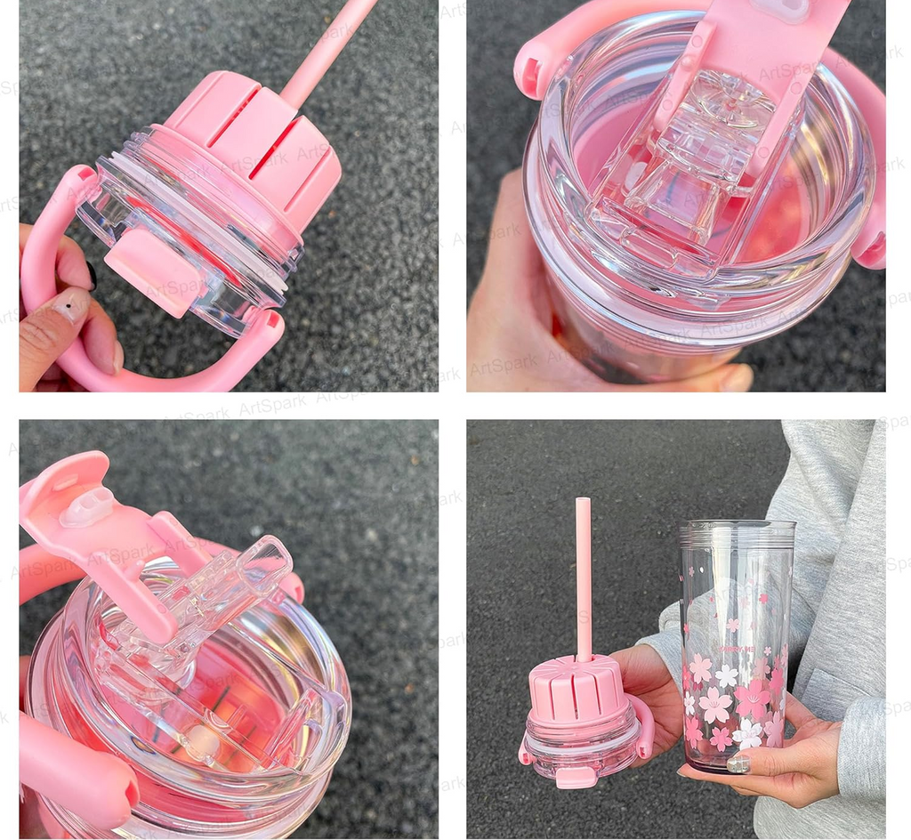 Flower Print Water Bottle with Handle – 650 ml Leak-Proof Tritan Bottle for Kids & Girls | BPA-Free Cute Sipper Bottle for School, Travel, Sports