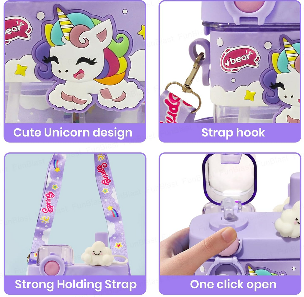 Unicorn Water Bottle for Kids – 580 ML Cute Leak-Proof Dual Compartment Straw Bottle with Strap, BPA-Free Sipper Bottle, Portable School Water Bottle for Girls (Unicorn)
