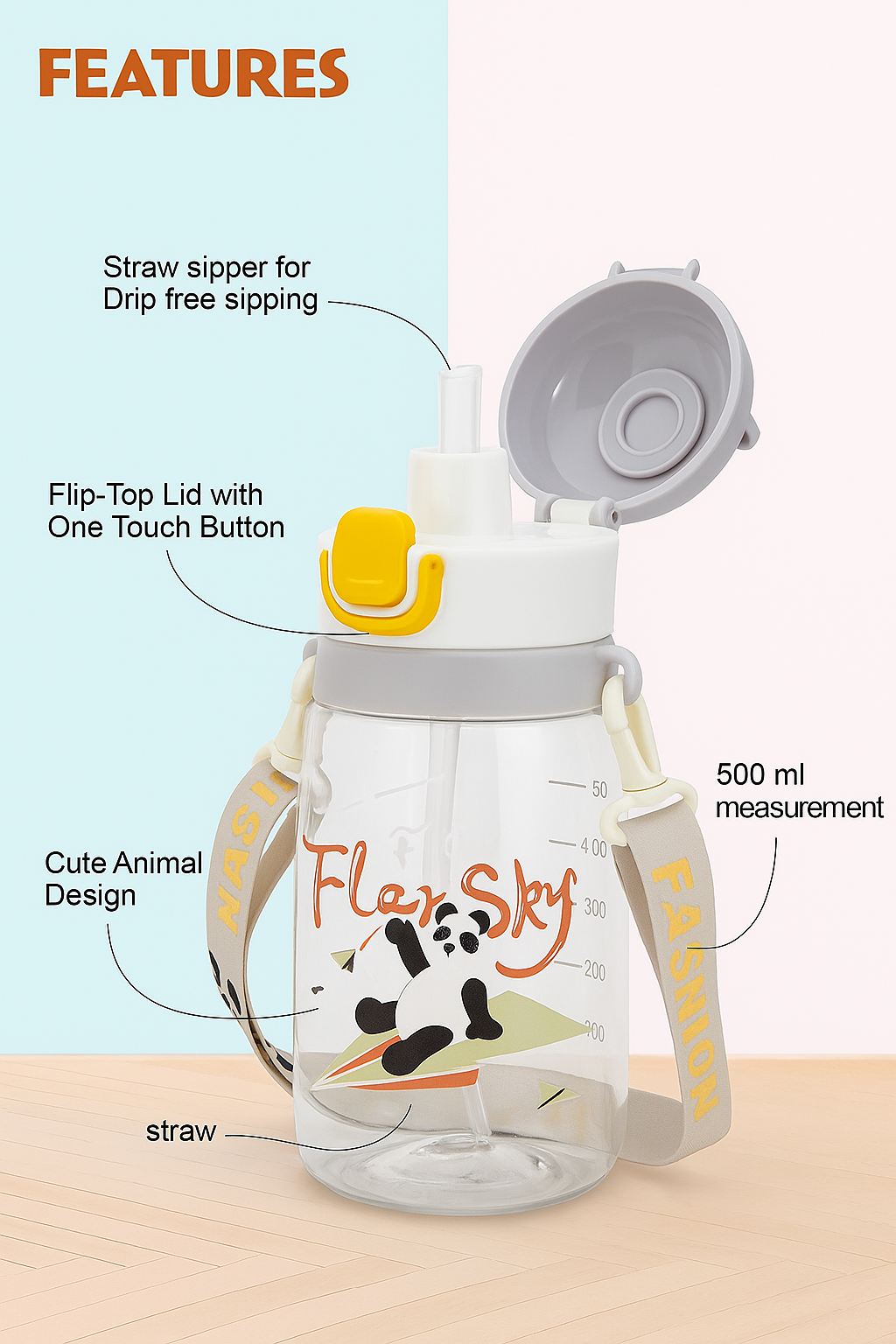 COMPASS BOX Bamboo Sipper Water Bottle with Straw for Kids | Leak Proof Sippy Water Bottle with Adjustable Strap | BPA Free & Non-Toxic 550ml Capacity | Drinking Sippy for School Kids Boys Girls