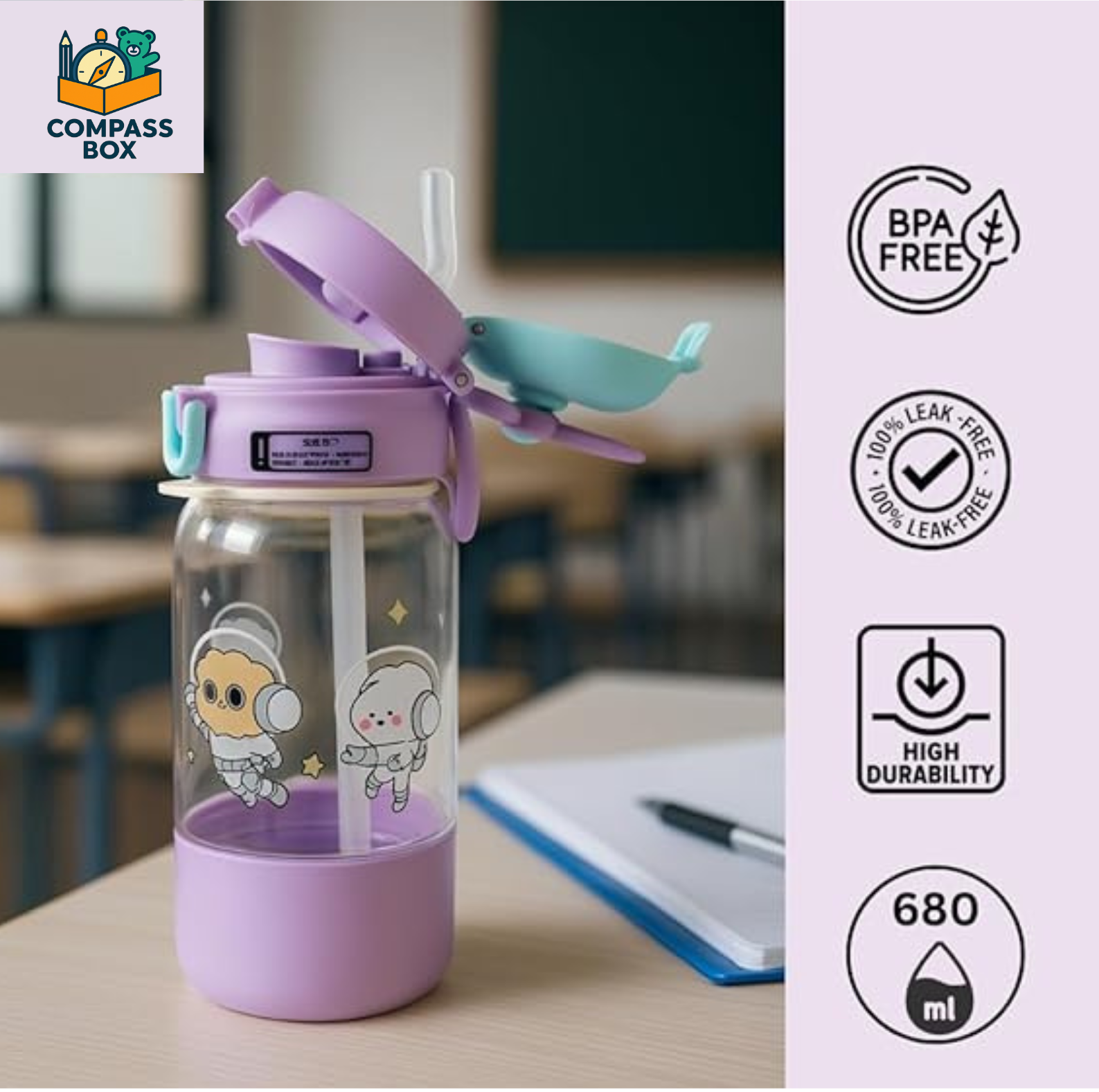 Compass Box 680ml Kids Sipper Water Bottle | Colourful Cartoon Design | BPA-Free | Flip-Top Lid & Carry Strap | Safe Straw for Toddlers | Idea for School,...