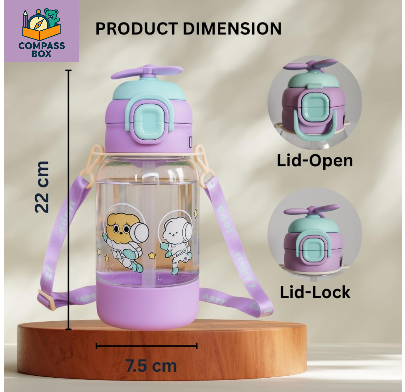 Compass Box 680ml Kids Sipper Water Bottle | Colourful Cartoon Design | BPA-Free | Flip-Top Lid & Carry Strap | Safe Straw for Toddlers | Idea for School,...