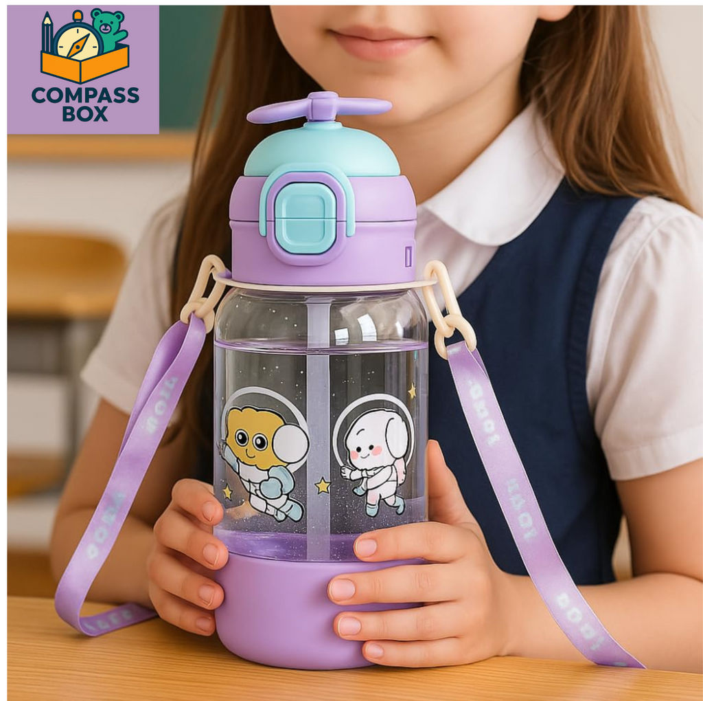 Compass Box 680ml Kids Sipper Water Bottle | Colourful Cartoon Design | BPA-Free | Flip-Top Lid & Carry Strap | Safe Straw for Toddlers | Idea for School,...