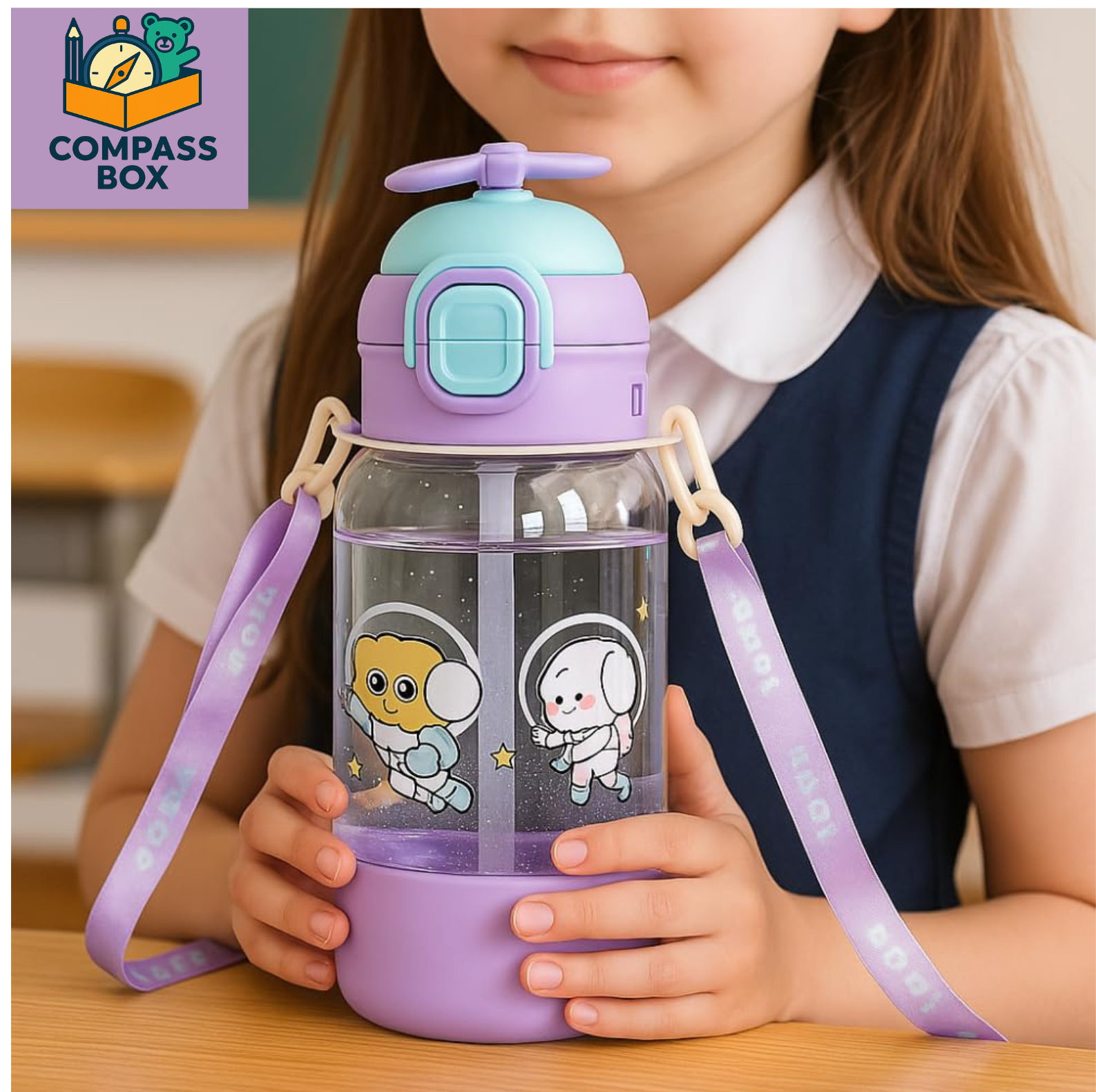 Compass Box 680ml Kids Sipper Water Bottle | Colourful Cartoon Design | BPA-Free | Flip-Top Lid & Carry Strap | Safe Straw for Toddlers | Idea for School,...