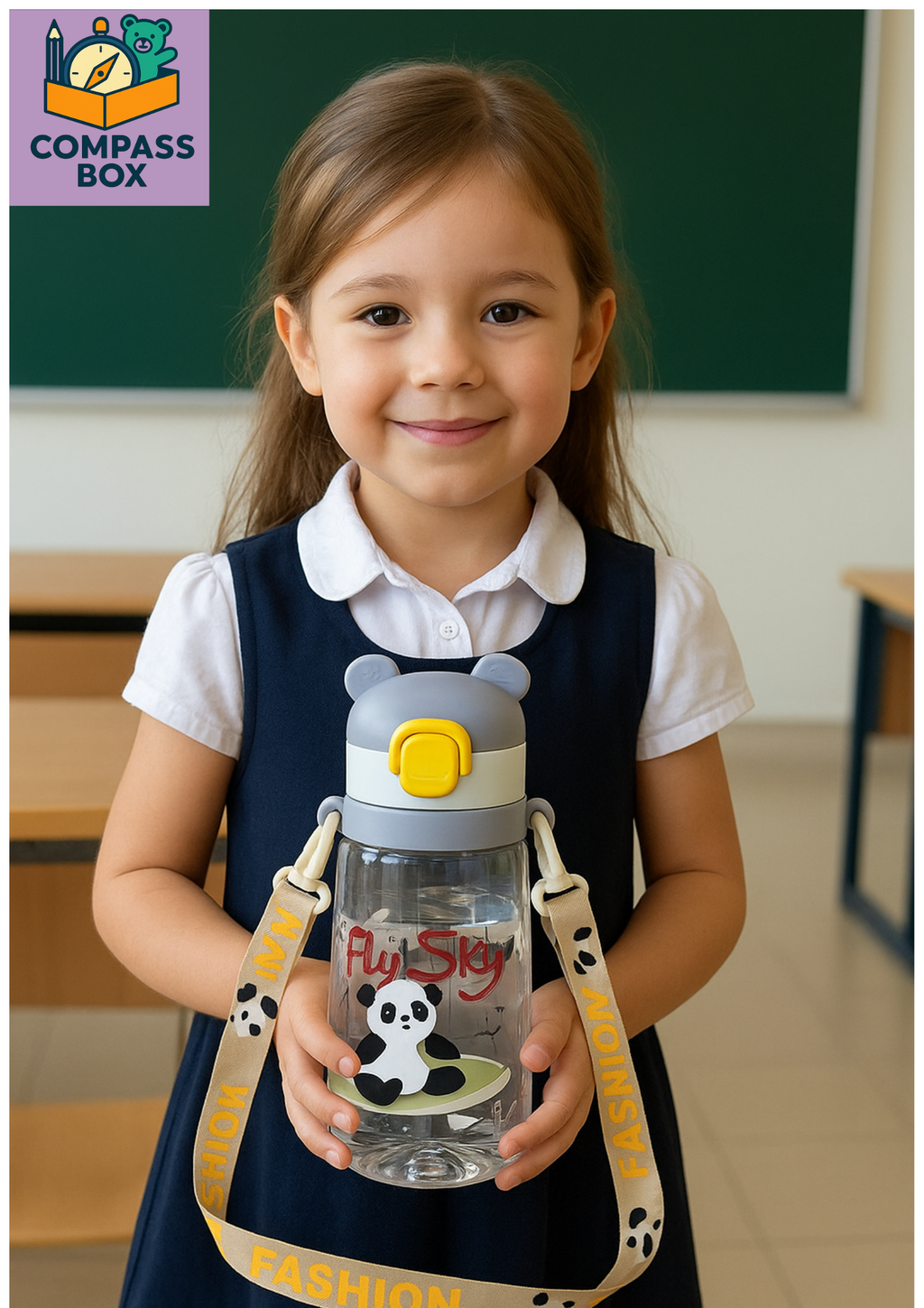 COMPASS BOX Bamboo Sipper Water Bottle with Straw for Kids | Leak Proof Sippy Water Bottle with Adjustable Strap | BPA Free & Non-Toxic 550ml Capacity | Drinking Sippy for School Kids Boys Girls