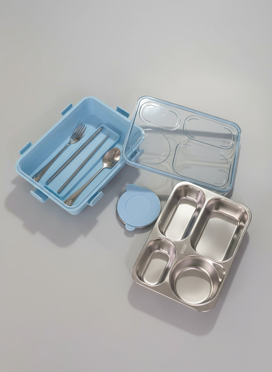 Lunch Box 4 Compartment Leak-Proof BPA Free Stainless Steel for School, Lunch Box for School & Office with a Fork, a Spoon and a Pair of Chopsticks
