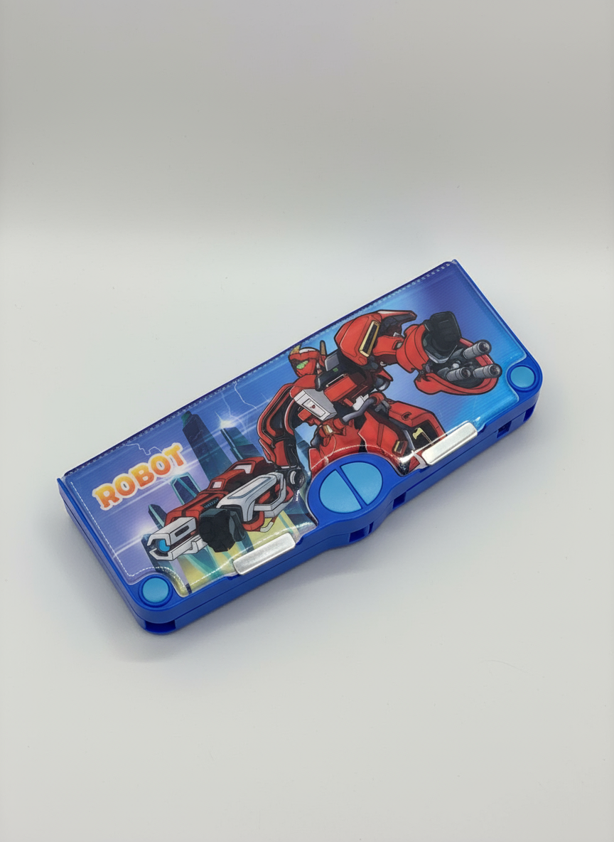 Plastic Kids Pen & Pencil Box-Suitcase Style Password Lock Pencil Case,Multi-Layer Pencil Box for Kids,Boys,Girls,Stationary Organizer Case for Kids(Robot Theme Compass-Box)