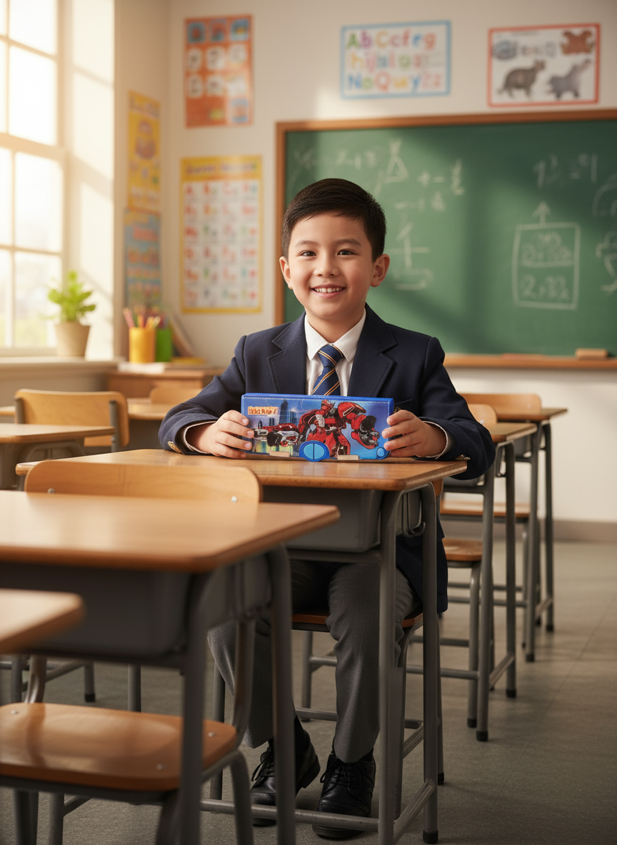 Plastic Kids Pen & Pencil Box-Suitcase Style Password Lock Pencil Case,Multi-Layer Pencil Box for Kids,Boys,Girls,Stationary Organizer Case for Kids(Robot Theme Compass-Box)