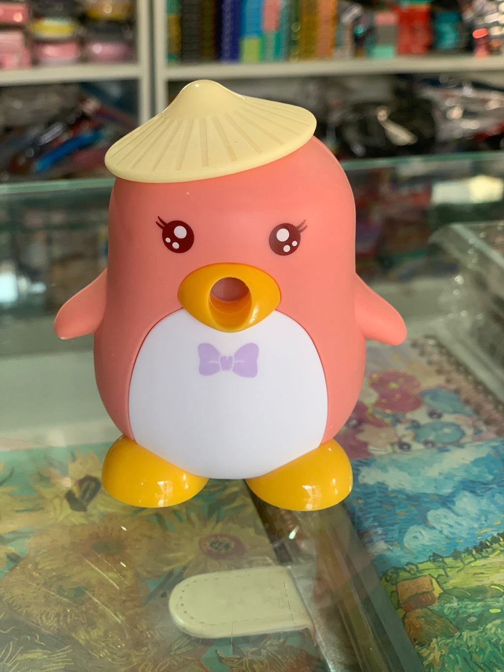 Cute Penguin Manual Pencil Sharpener for Kids | Peach Pink & Yellow Crank Sharpener | Cartoon Stationery Tool for School & Home Use