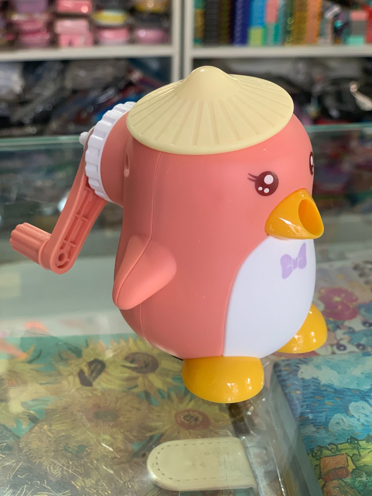 Cute Penguin Manual Pencil Sharpener for Kids | Peach Pink & Yellow Crank Sharpener | Cartoon Stationery Tool for School & Home Use