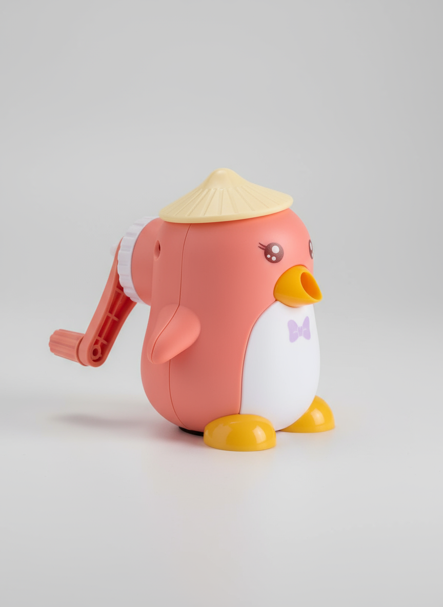 Cute Penguin Manual Pencil Sharpener for Kids | Peach Pink & Yellow Crank Sharpener | Cartoon Stationery Tool for School & Home Use