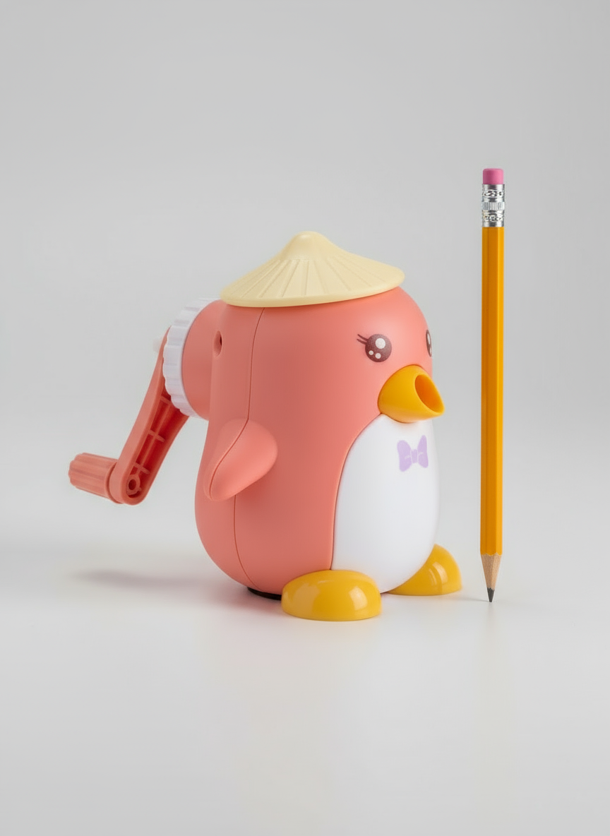 Cute Penguin Manual Pencil Sharpener for Kids | Peach Pink & Yellow Crank Sharpener | Cartoon Stationery Tool for School & Home Use