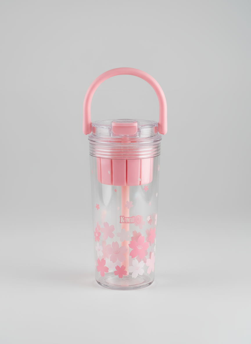 Flower Print Water Bottle with Handle – 650 ml Leak-Proof Tritan Bottle for Kids & Girls | BPA-Free Cute Sipper Bottle for School, Travel, Sports