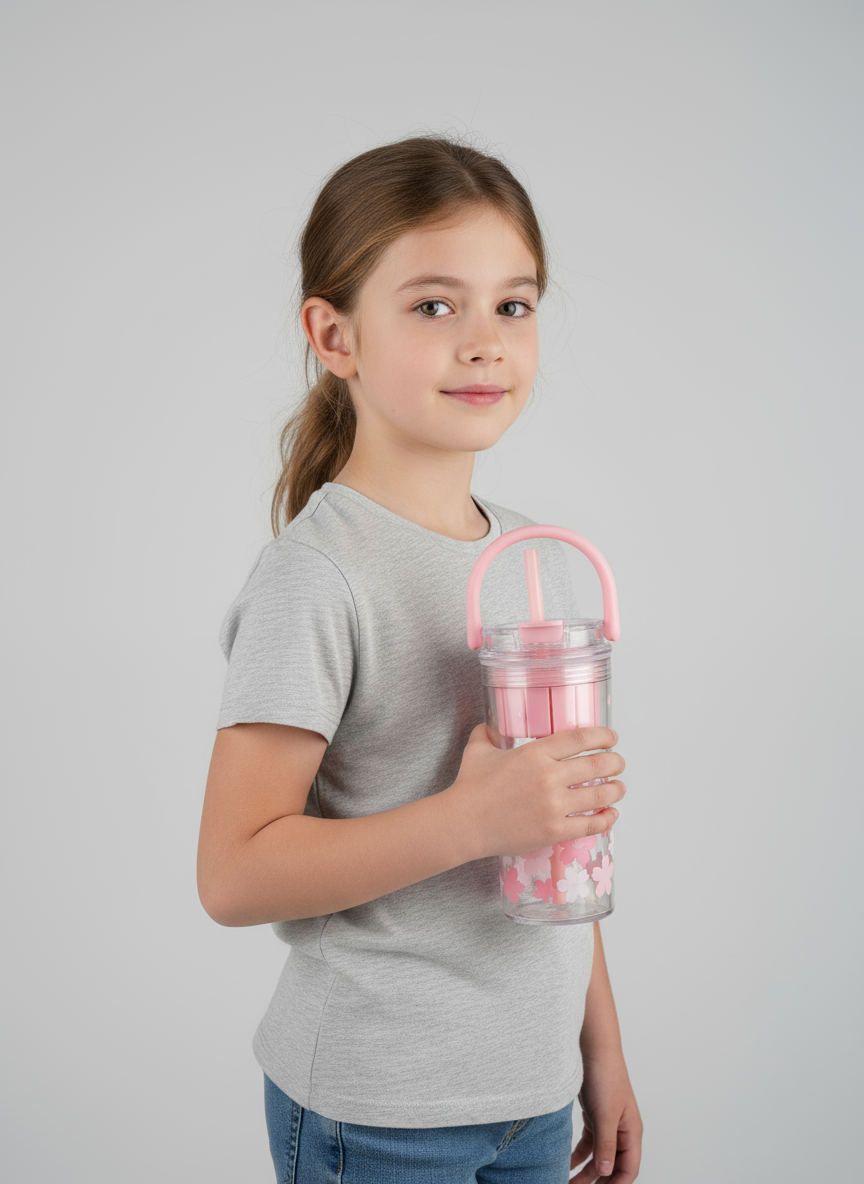 Flower Print Water Bottle with Handle – 650 ml Leak-Proof Tritan Bottle for Kids & Girls | BPA-Free Cute Sipper Bottle for School, Travel, Sports