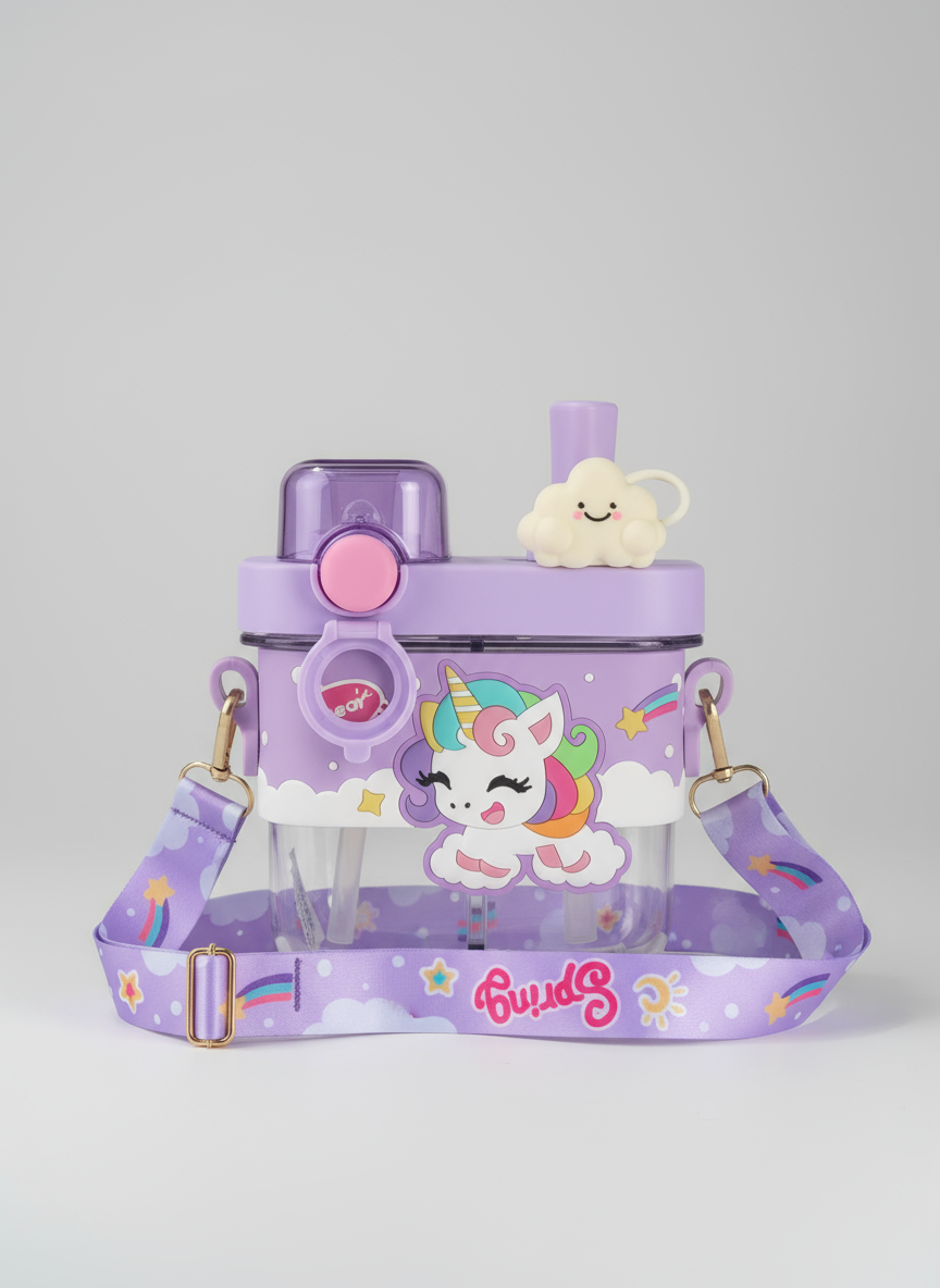 Unicorn Water Bottle for Kids – 580 ML Cute Leak-Proof Dual Compartment Straw Bottle with Strap, BPA-Free Sipper Bottle, Portable School Water Bottle for Girls (Unicorn)