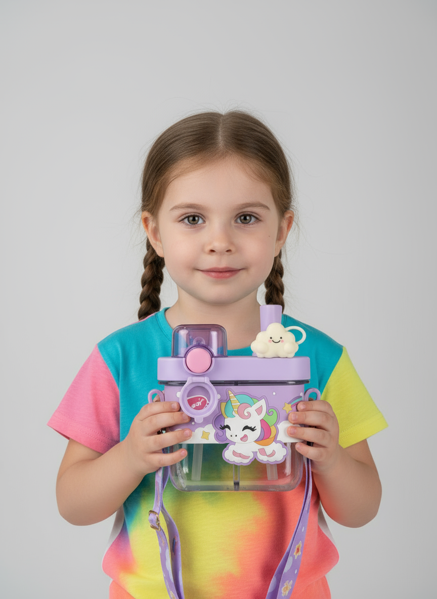 Unicorn Water Bottle for Kids – 580 ML Cute Leak-Proof Dual Compartment Straw Bottle with Strap, BPA-Free Sipper Bottle, Portable School Water Bottle for Girls (Unicorn)