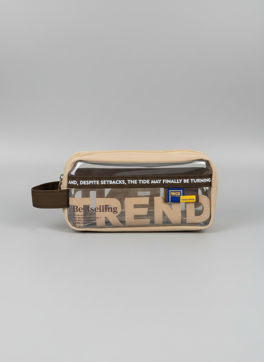 Beige pouch with text and branding on a gray background