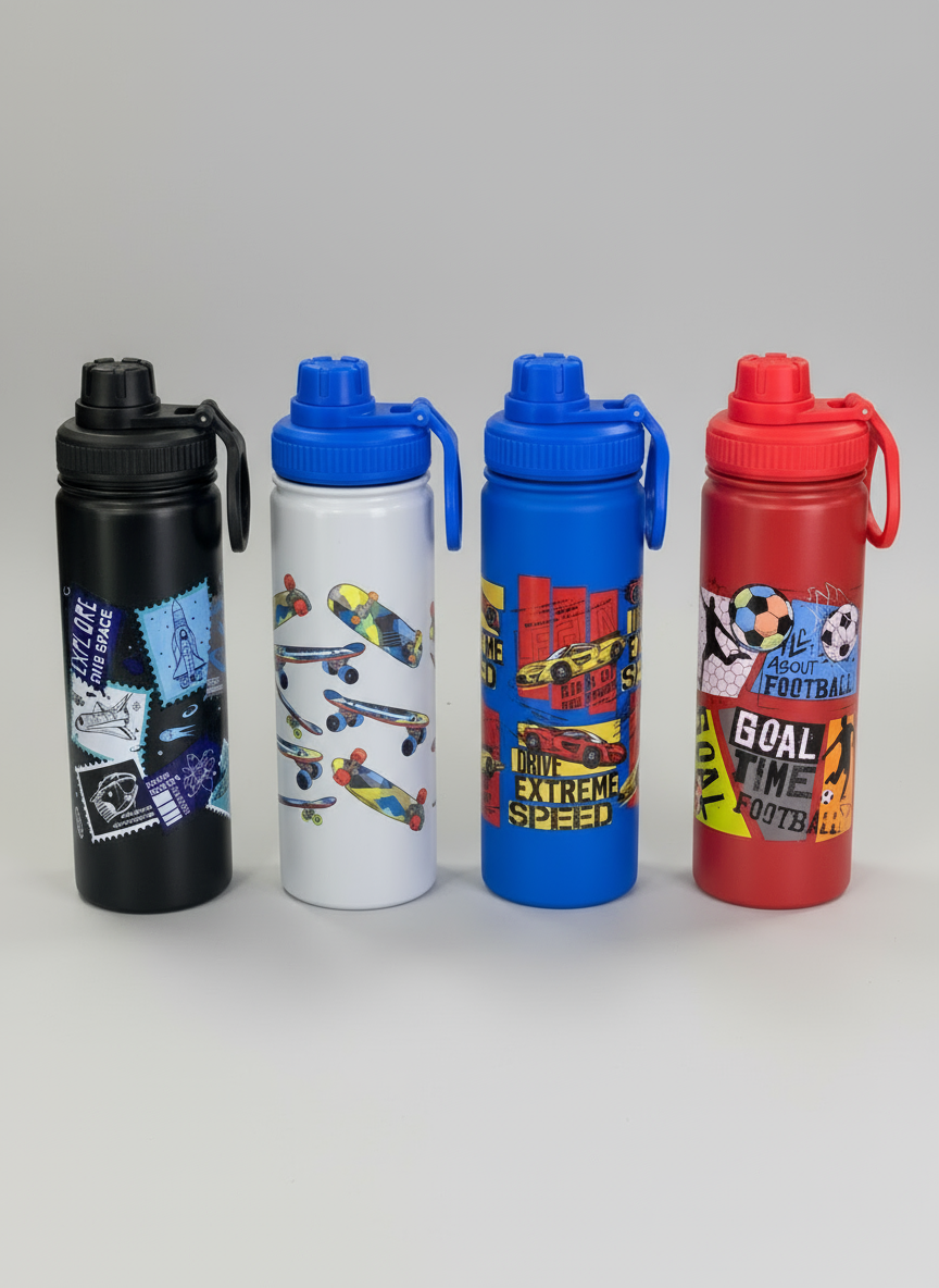 Durable Sports Print Bottle with Flip Cap – Kids Edition