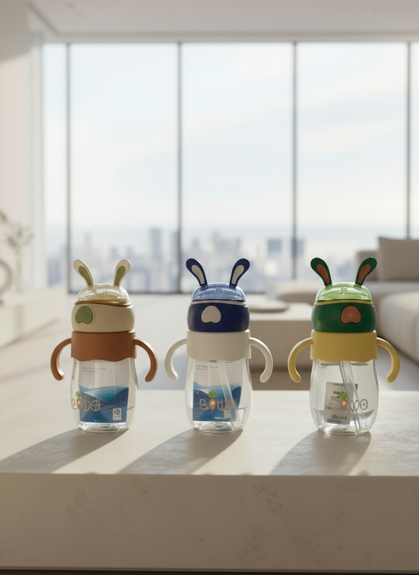 Feeding Water Drink Straw Water Bottle Sippy Cup with Handle, 300ml Multi Color Anti-Spill Sippy Baby/Kids of 9+ Months